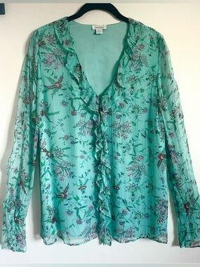Sundance Teal Floral Ruffle V-Neck Blouse